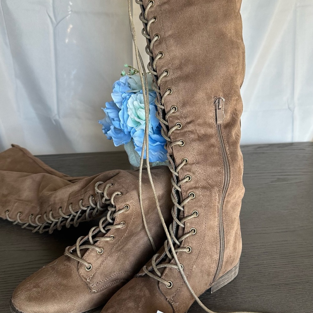Knee-High Lace-Up Suede Boots